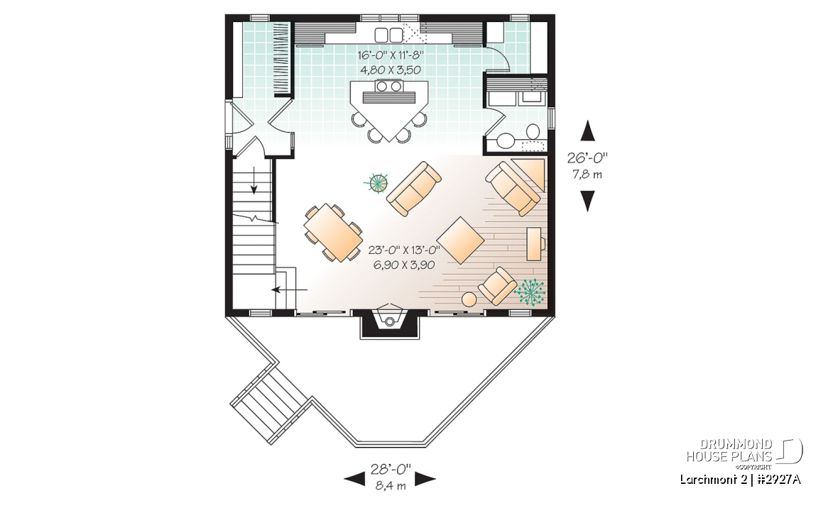 1st level - 1 bedroom cottage plan with cathedral ceiling, unfinished basement for extra beds, mudroom - Larchmont 2