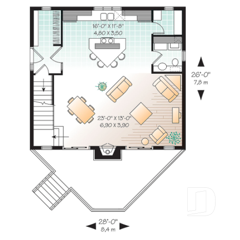 1st level - 1 bedroom cottage plan with cathedral ceiling, unfinished basement for extra beds, mudroom - Larchmont 2