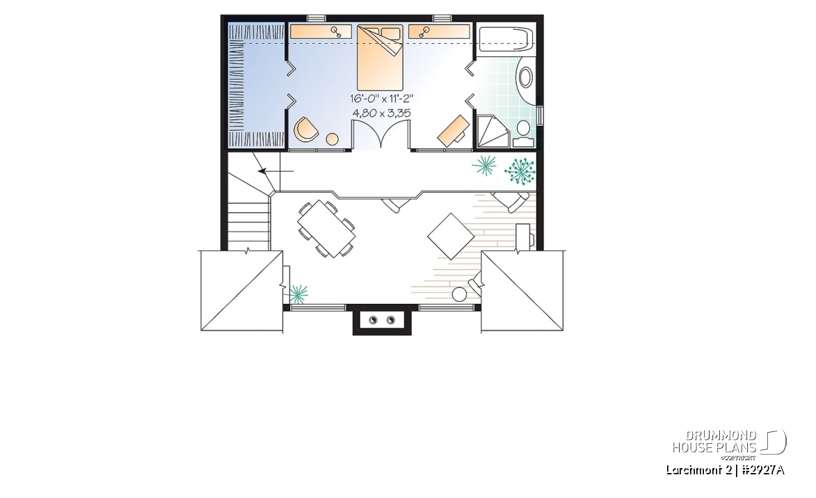2nd level - 1 bedroom cottage plan with cathedral ceiling, unfinished basement for extra beds, mudroom - Larchmont 2