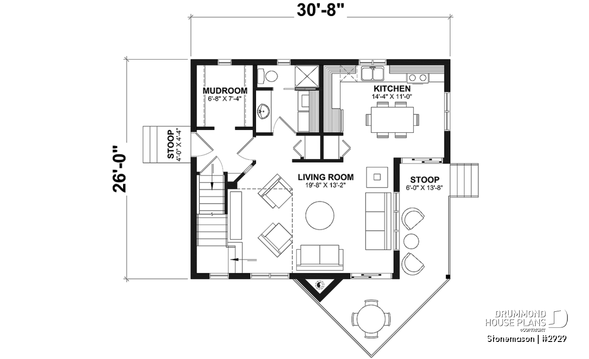 1st level - Rustic cottage house plan, ski chalet, 2 large bedrooms, open concept, mezzanine, deck - Stonemason
