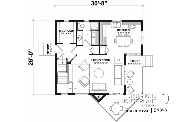 1st level - Rustic cottage house plan, ski chalet, 2 large bedrooms, open concept, mezzanine, deck - Stonemason