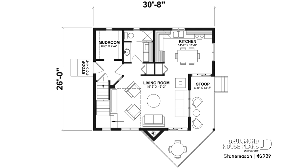 1st level - Rustic cottage house plan, ski chalet, 2 large bedrooms, open concept, mezzanine, deck - Stonemason