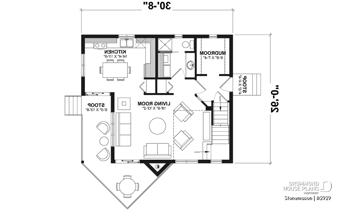 1st level - Rustic cottage house plan, ski chalet, 2 large bedrooms, open concept, mezzanine, deck - Stonemason