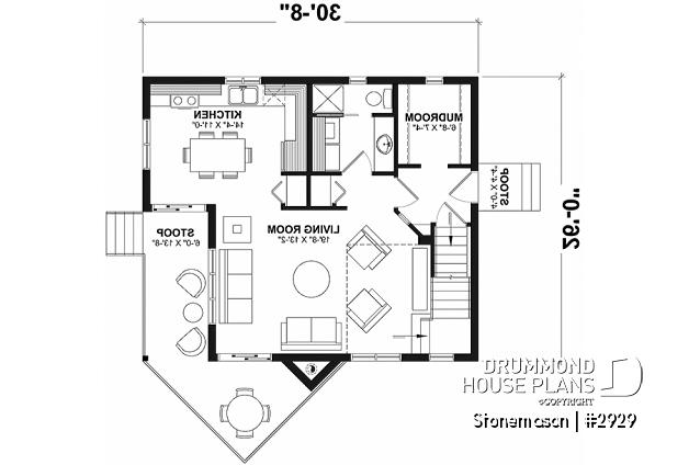 1st level - Rustic cottage house plan, ski chalet, 2 large bedrooms, open concept, mezzanine, deck - Stonemason