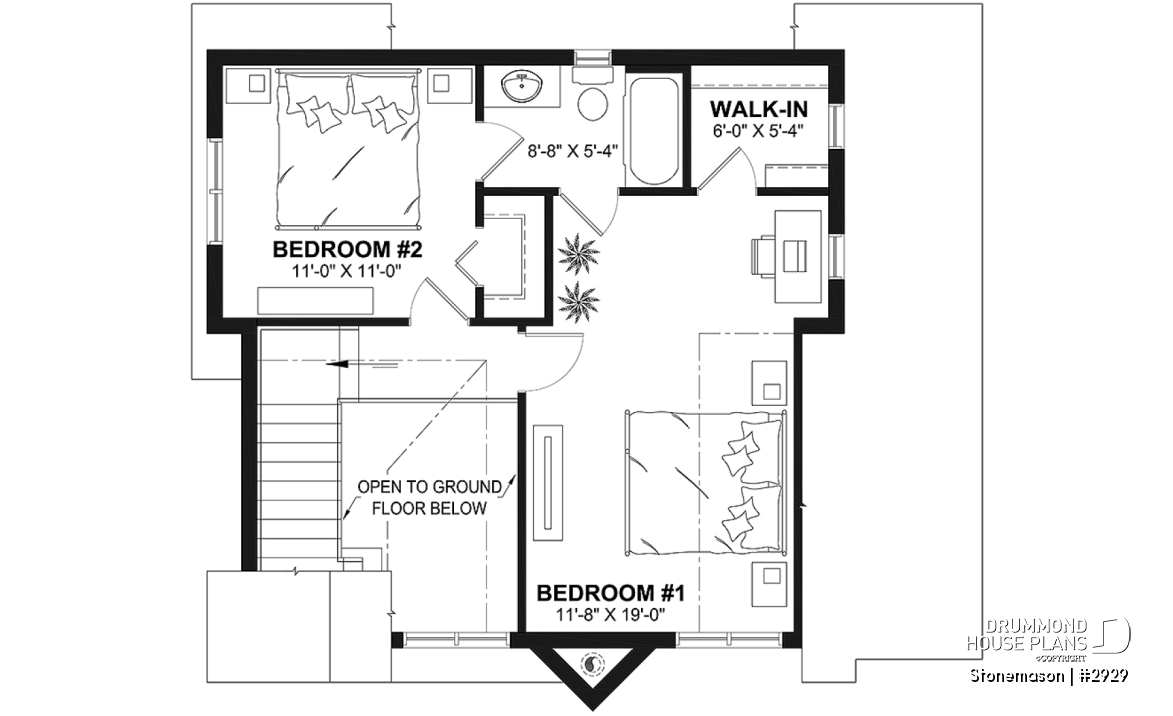 2nd level - Rustic cottage house plan, ski chalet, 2 large bedrooms, open concept, mezzanine, deck - Stonemason