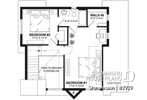 2nd level - Rustic cottage house plan, ski chalet, 2 large bedrooms, open concept, mezzanine, deck - Stonemason