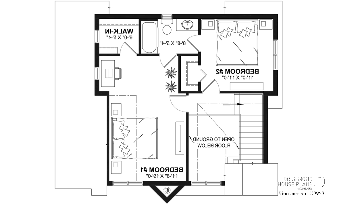 2nd level - Rustic cottage house plan, ski chalet, 2 large bedrooms, open concept, mezzanine, deck - Stonemason