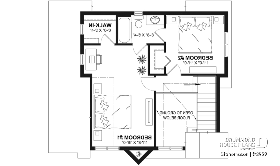 2nd level - Rustic cottage house plan, ski chalet, 2 large bedrooms, open concept, mezzanine, deck - Stonemason