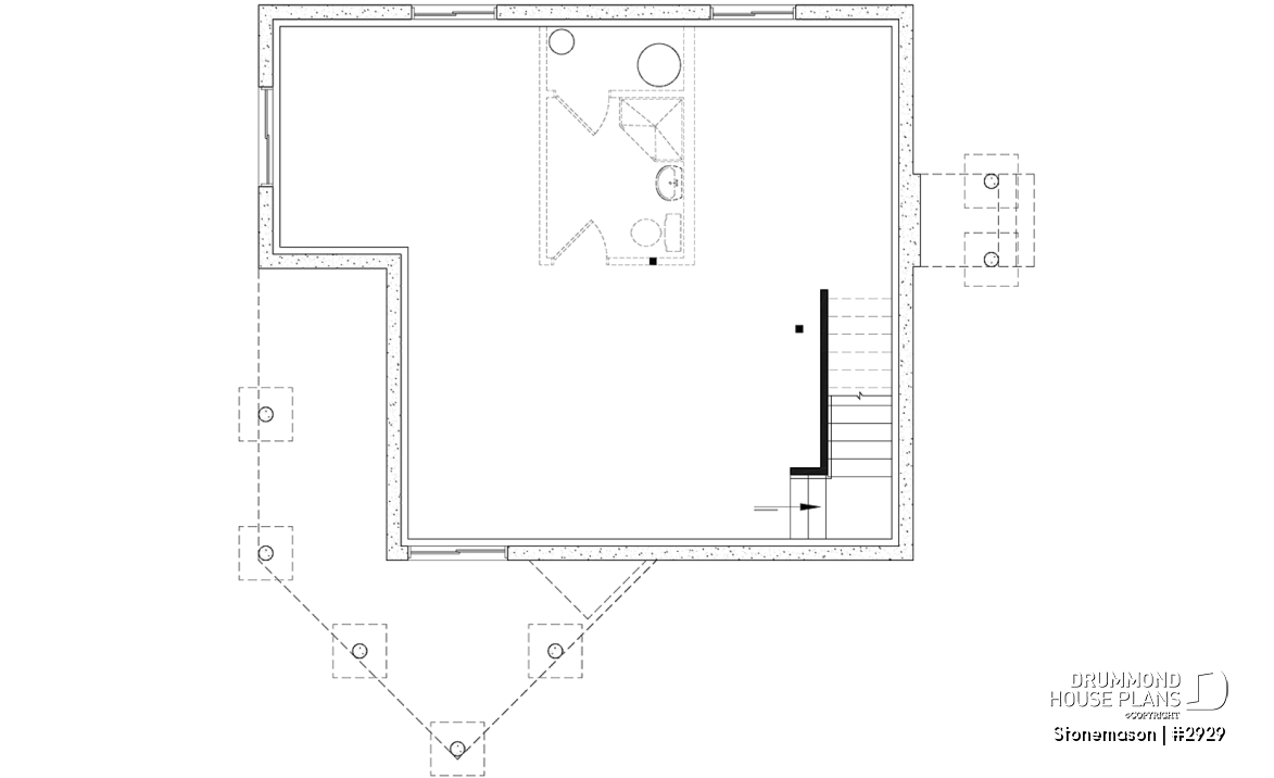 Basement - Rustic cottage house plan, ski chalet, 2 large bedrooms, open concept, mezzanine, deck - Stonemason