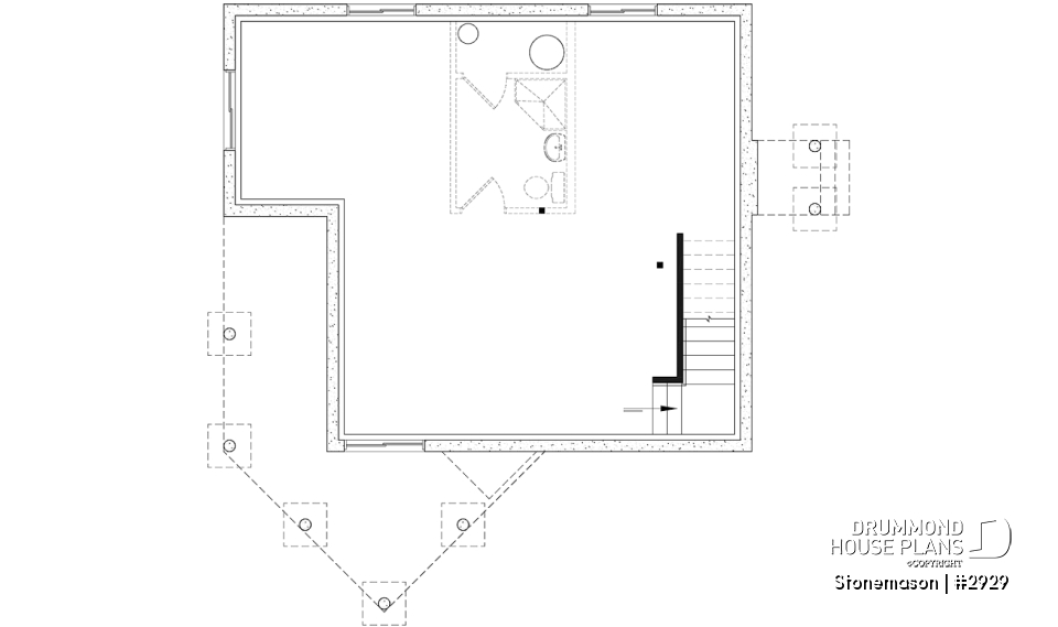 Basement - Rustic cottage house plan, ski chalet, 2 large bedrooms, open concept, mezzanine, deck - Stonemason