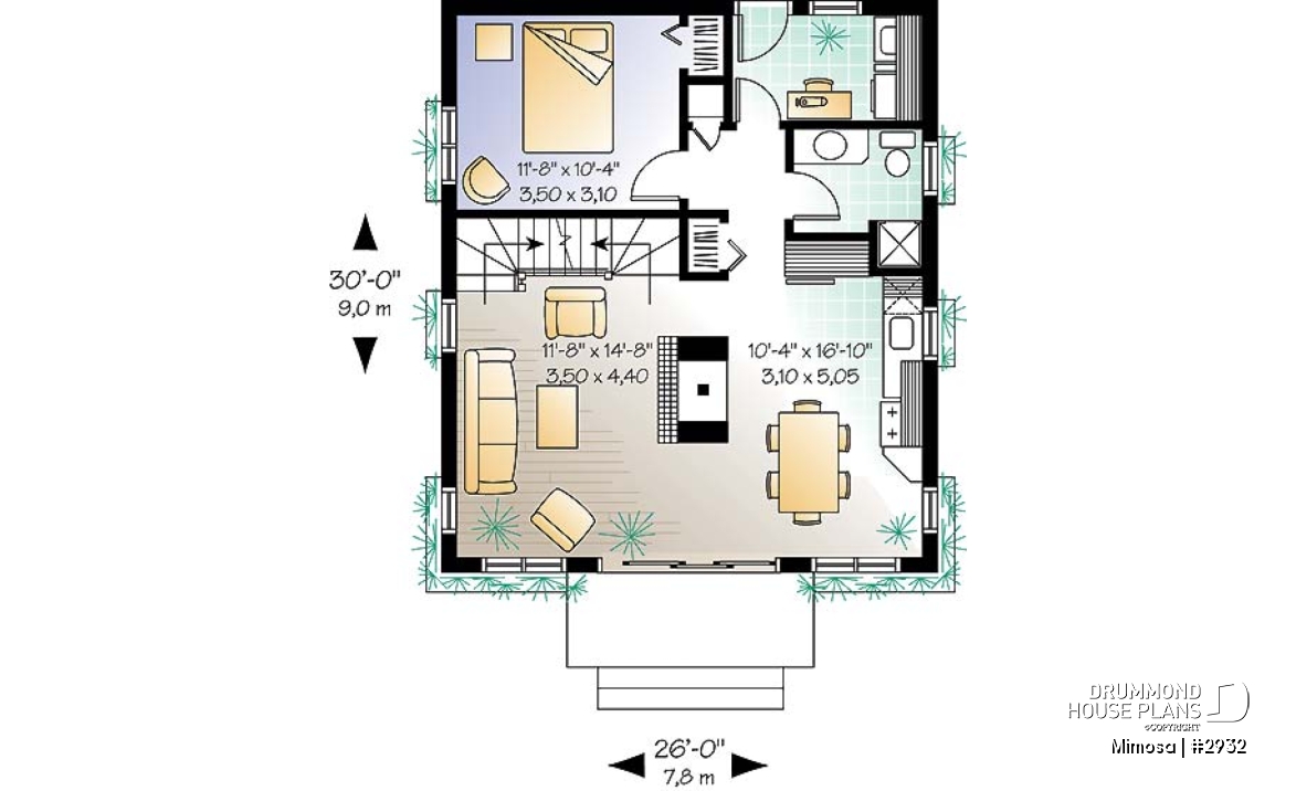 1st level - Swiss chalet style house plan, 3 bedrooms, 2 bathrooms, open floor plan layout with large fireplace - Mimosa