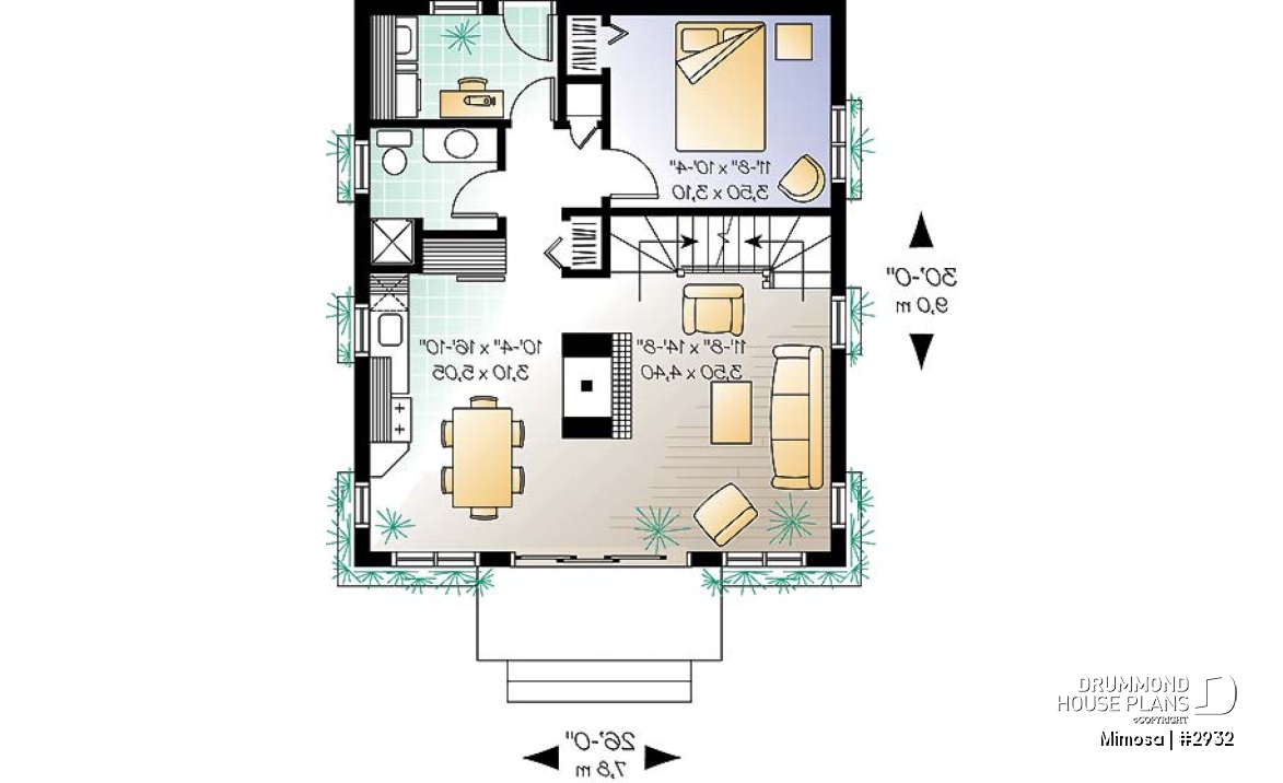 1st level - Swiss chalet style house plan, 3 bedrooms, 2 bathrooms, open floor plan layout with large fireplace - Mimosa