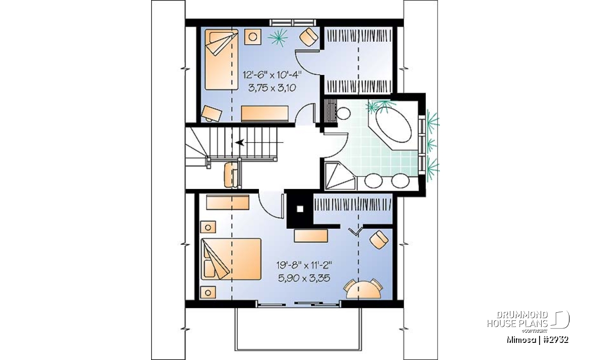 2nd level - Swiss chalet style house plan, 3 bedrooms, 2 bathrooms, open floor plan layout with large fireplace - Mimosa