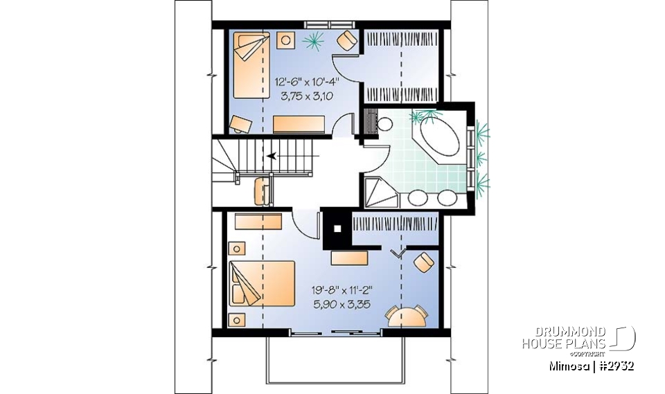 2nd level - Swiss chalet style house plan, 3 bedrooms, 2 bathrooms, open floor plan layout with large fireplace - Mimosa