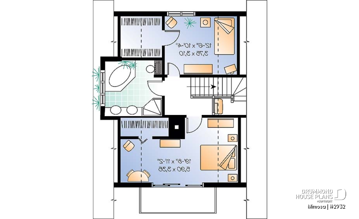 2nd level - Swiss chalet style house plan, 3 bedrooms, 2 bathrooms, open floor plan layout with large fireplace - Mimosa