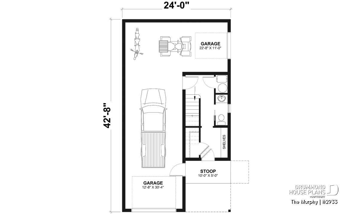1st level - 2-car garage plan with 2 bedroom apartment above, open floor plan, screened-in balcony on second floor - The Murphy
