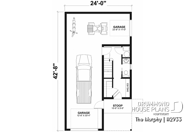 1st level - Tandem 2-car garage plan with 2 bedroom apartment, open floor plan, screened-in balcony on second floor - The Murphy