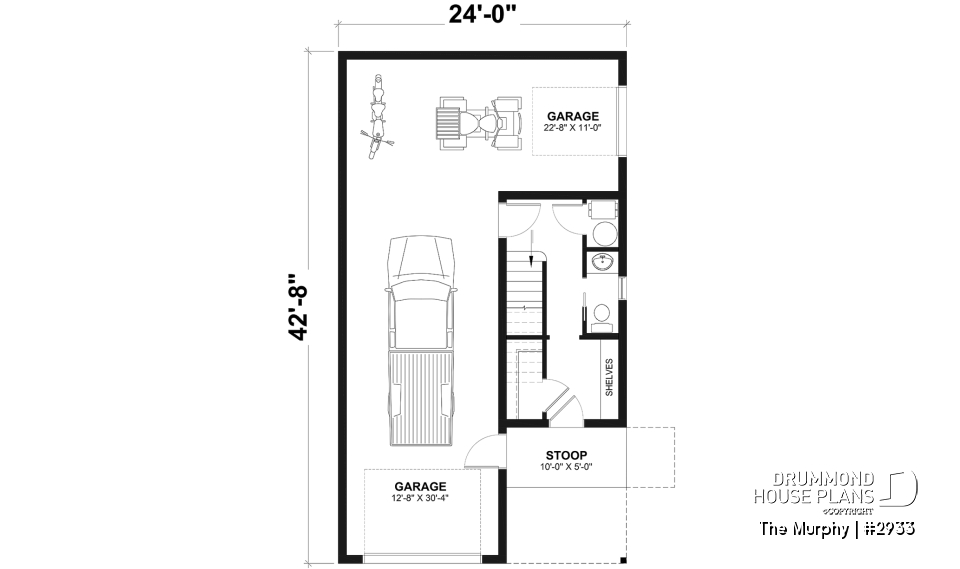 1st level - 2-car garage plan with 2 bedroom apartment above, open floor plan, screened-in balcony on second floor - The Murphy