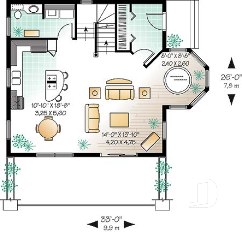 1st level - Open floor plan cottage with interior spa area, and 1 or 2 bedroom option - The Skyway 1