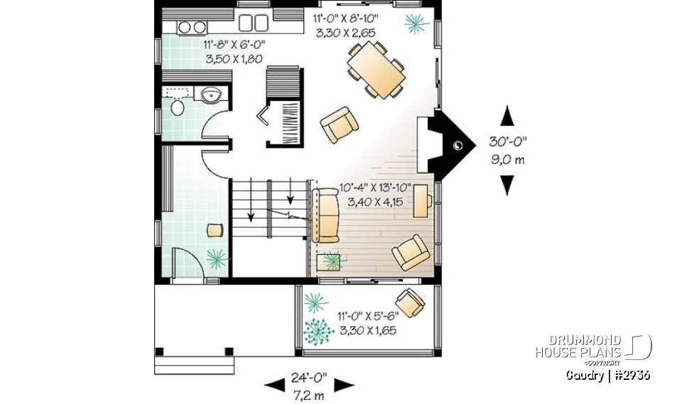1st level - Budget friendly 2-story house plan with 2 bedrooms, 1.5 baths, fireplace, open dining and living concept - Gaudry