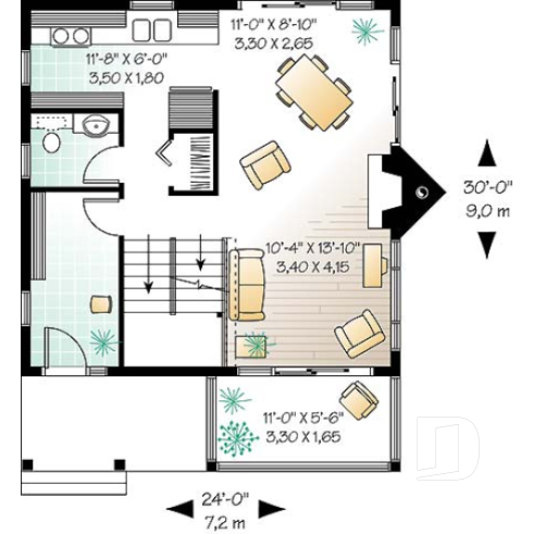 1st level - Budget friendly 2-story house plan with 2 bedrooms, 1.5 baths, fireplace, open dining and living concept - Gaudry