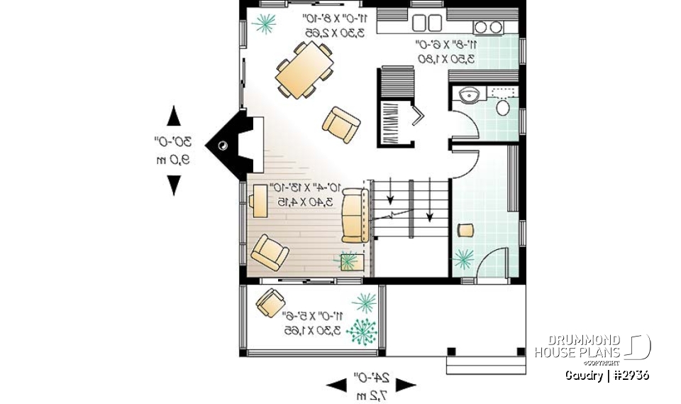 1st level - Budget friendly 2-story house plan with 2 bedrooms, 1.5 baths, fireplace, open dining and living concept - Gaudry