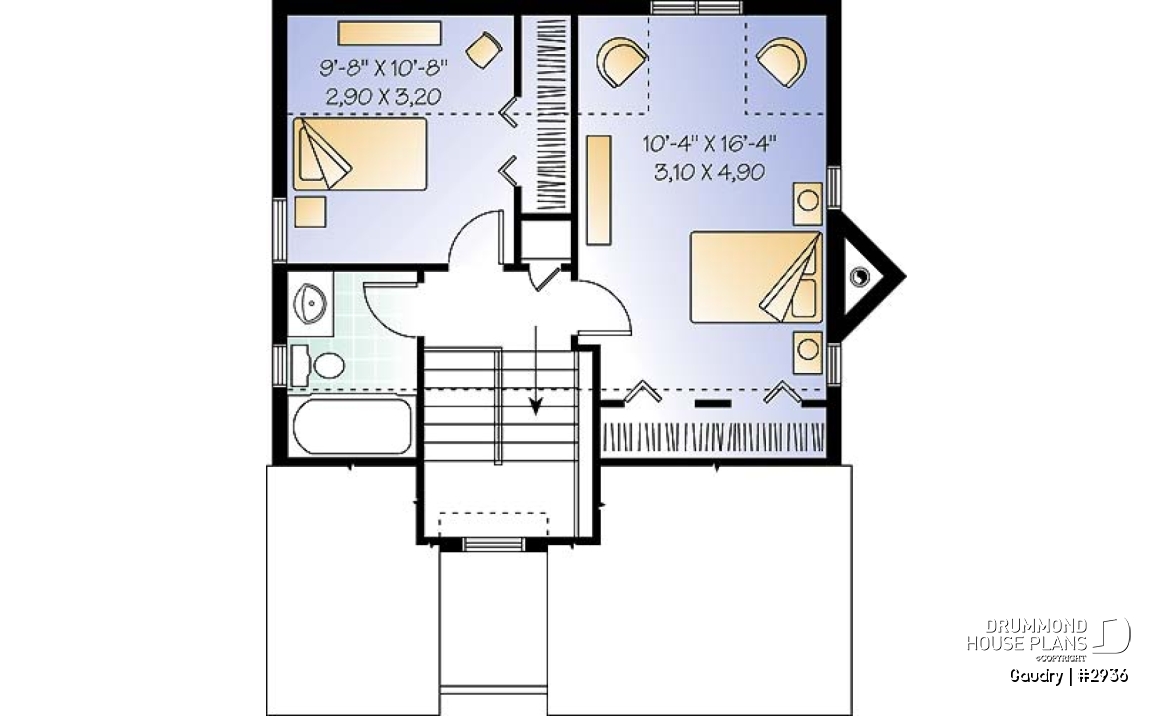 2nd level - Budget friendly 2-story house plan with 2 bedrooms, 1.5 baths, fireplace, open dining and living concept - Gaudry