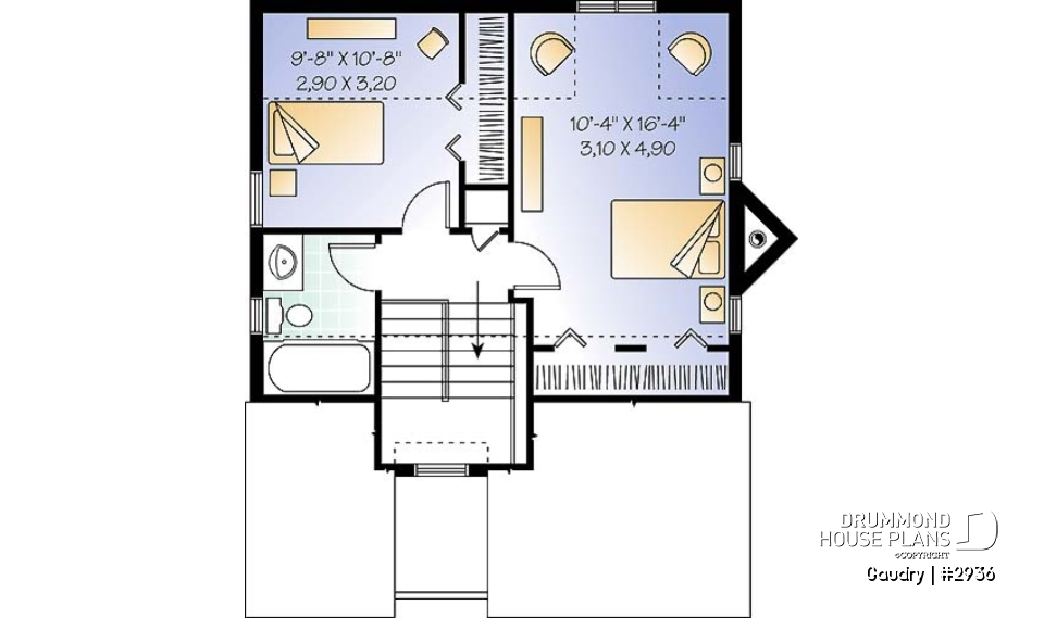 2nd level - Budget friendly 2-story house plan with 2 bedrooms, 1.5 baths, fireplace, open dining and living concept - Gaudry