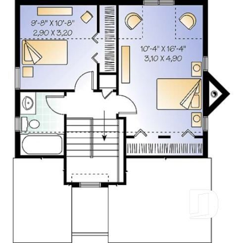 2nd level - Budget friendly 2-story house plan with 2 bedrooms, 1.5 baths, fireplace, open dining and living concept - Gaudry