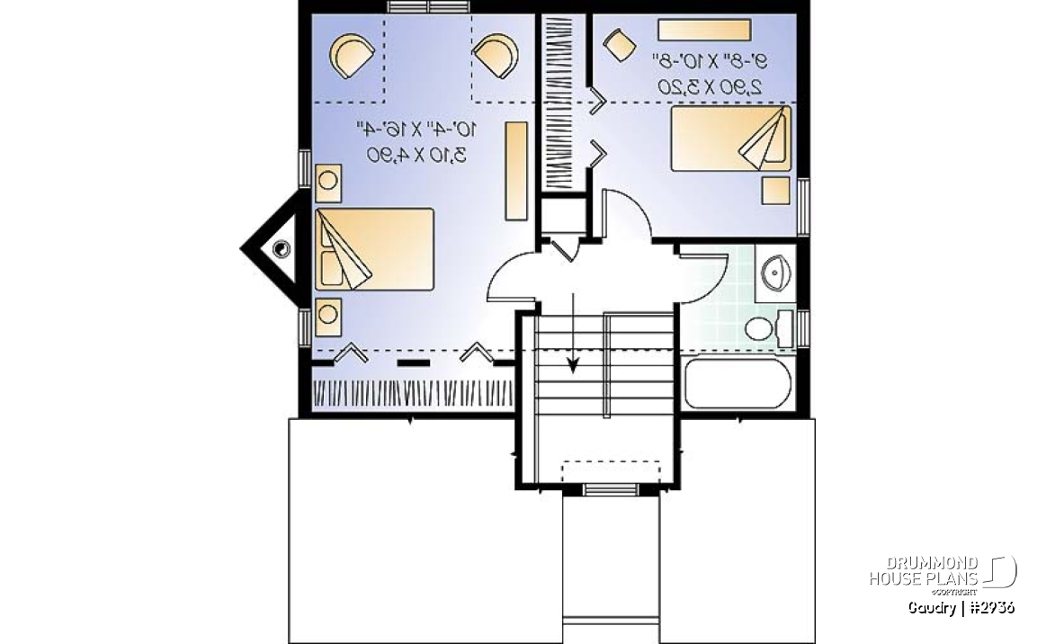 2nd level - Budget friendly 2-story house plan with 2 bedrooms, 1.5 baths, fireplace, open dining and living concept - Gaudry