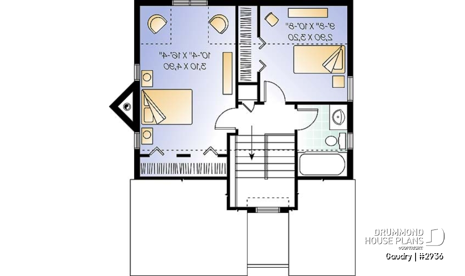 2nd level - Budget friendly 2-story house plan with 2 bedrooms, 1.5 baths, fireplace, open dining and living concept - Gaudry