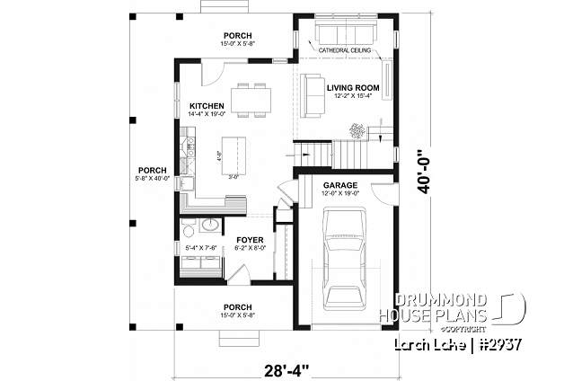 1st level of house plan 2937 1st level - Small country house plan with 2 or 3 bedroom options, panoramic views, garage - Larch Lake