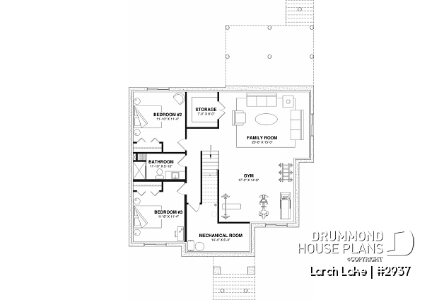 Finished basement (Optional $) of house plan 2937 Finished basement (Optional $) - Small country house plan with 2 or 3 bedroom options, panoramic views, garage - Larch Lake