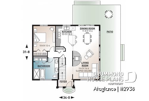 1st level - Simple 3 bedrooms vacation style cottage house plan, lots of natural light, fireplace, mezzanine, cathedral - Ataglance