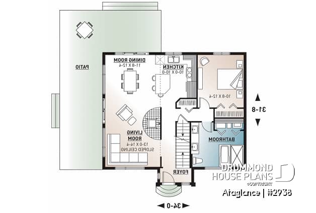 1st level - Simple 3 bedrooms vacation style cottage house plan, lots of natural light, fireplace, mezzanine, cathedral - Ataglance