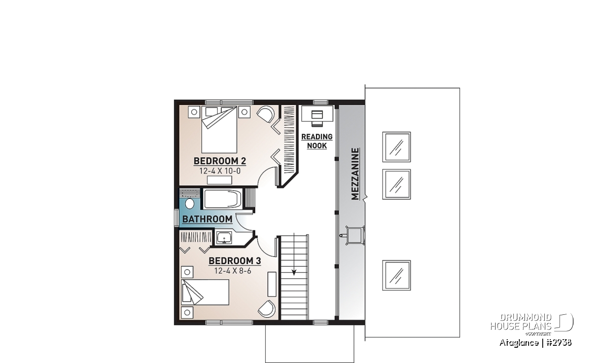 2nd level - Bright Modern Vacation Home with Mezzanine and Sloped Ceiling, Perfect for Lakeside or Nature Lots. - Ataglance