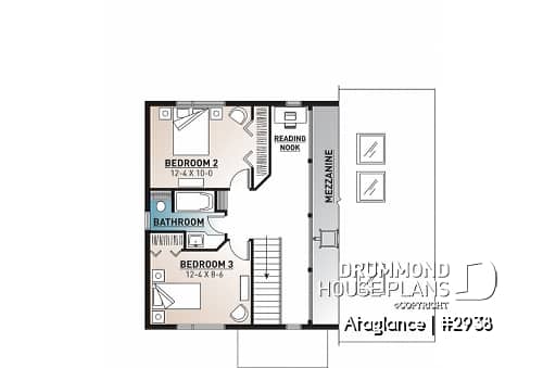 2nd level - Simple 3 bedrooms vacation style cottage house plan, lots of natural light, fireplace, mezzanine, cathedral - Ataglance