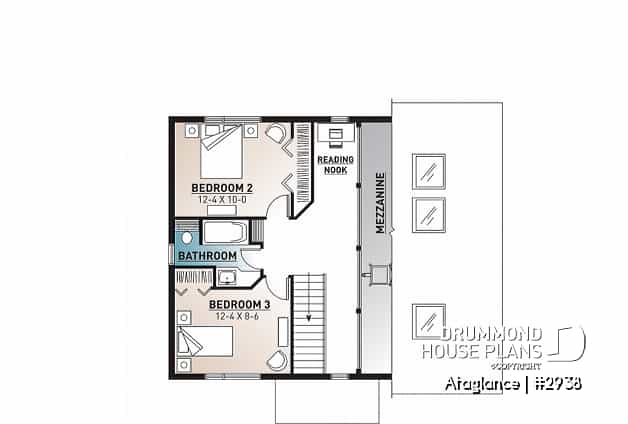 2nd level - Simple 3 bedrooms vacation style cottage house plan, lots of natural light, fireplace, mezzanine, cathedral - Ataglance