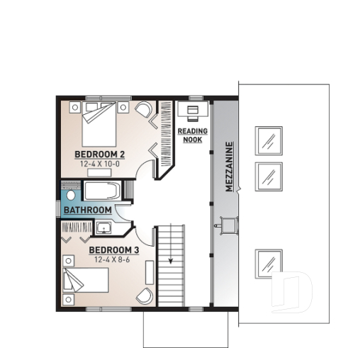 2nd level - Bright Modern Vacation Home with Mezzanine and Sloped Ceiling, Perfect for Lakeside or Nature Lots. - Ataglance