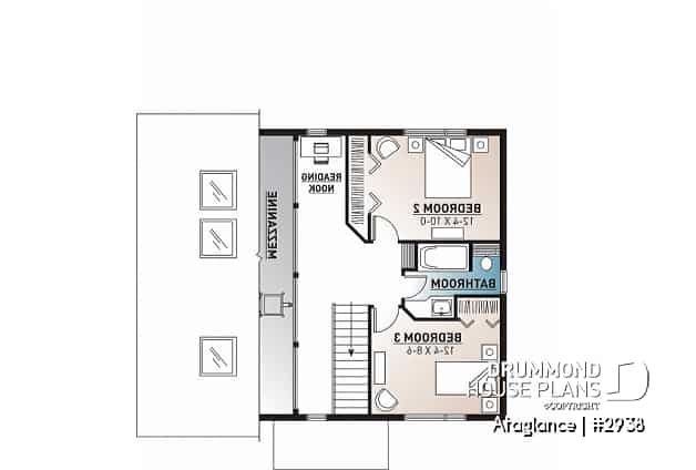 2nd level - Simple 3 bedrooms vacation style cottage house plan, lots of natural light, fireplace, mezzanine, cathedral - Ataglance