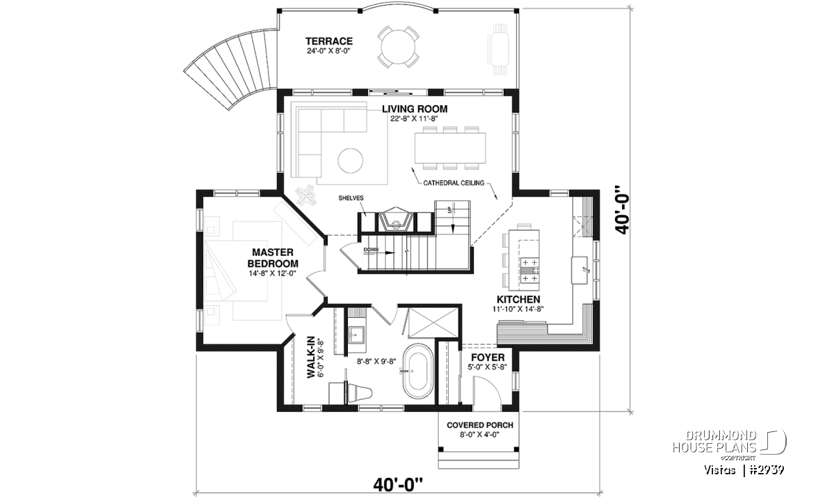 1st level - Very Charming Cottage house plan, large covered deck, open floor plan concept, mezzanine - Vistas 
