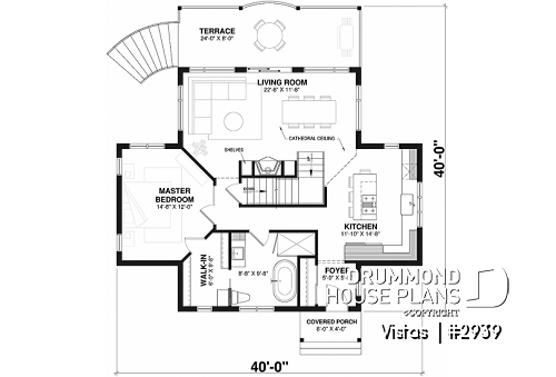 1st level - Very Charming Cottage house plan, large covered deck, open floor plan concept, mezzanine - Vistas 