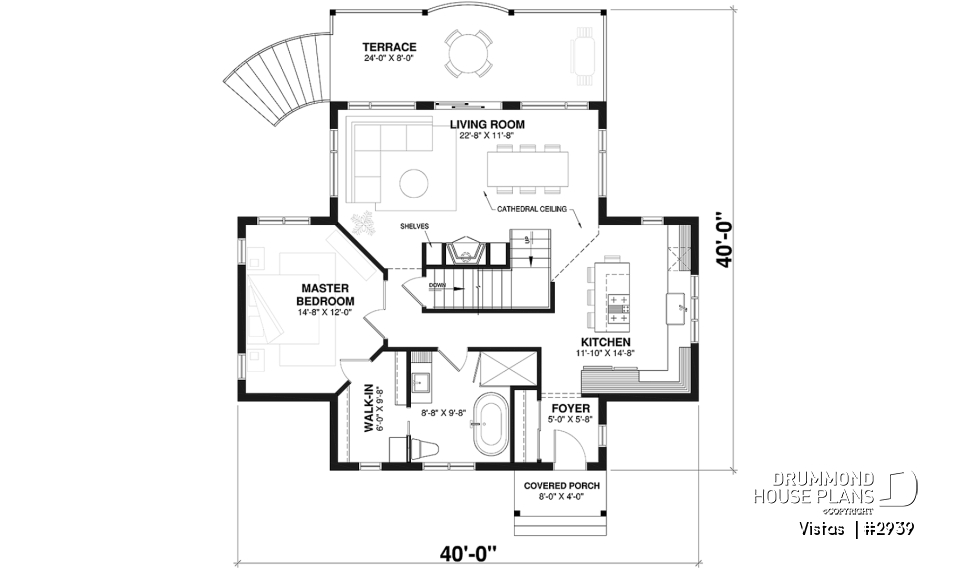 1st level - Very Charming Cottage house plan, large covered deck, open floor plan concept, mezzanine - Vistas 
