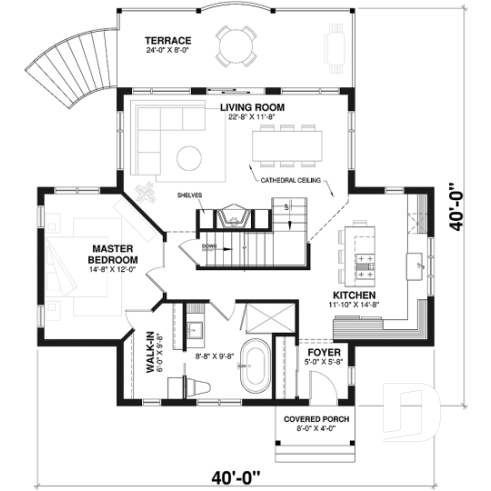 1st level - Very Charming Cottage house plan, large covered deck, open floor plan concept, mezzanine - Vistas 