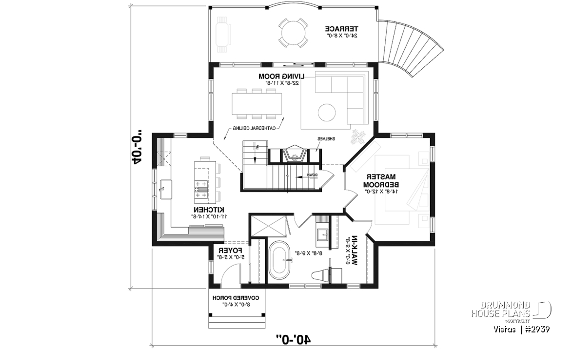 1st level - Very Charming Cottage house plan, large covered deck, open floor plan concept, mezzanine - Vistas 