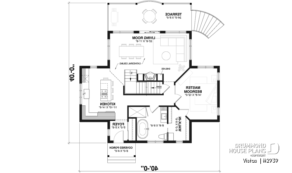 1st level - Very Charming Cottage house plan, large covered deck, open floor plan concept, mezzanine - Vistas 