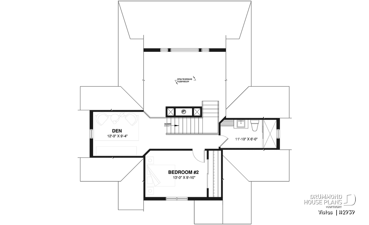 2nd level - Very Charming Cottage house plan, large covered deck, open floor plan concept, mezzanine - Vistas 