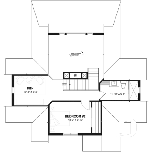 2nd level - Very Charming Cottage house plan, large covered deck, open floor plan concept, mezzanine - Vistas 