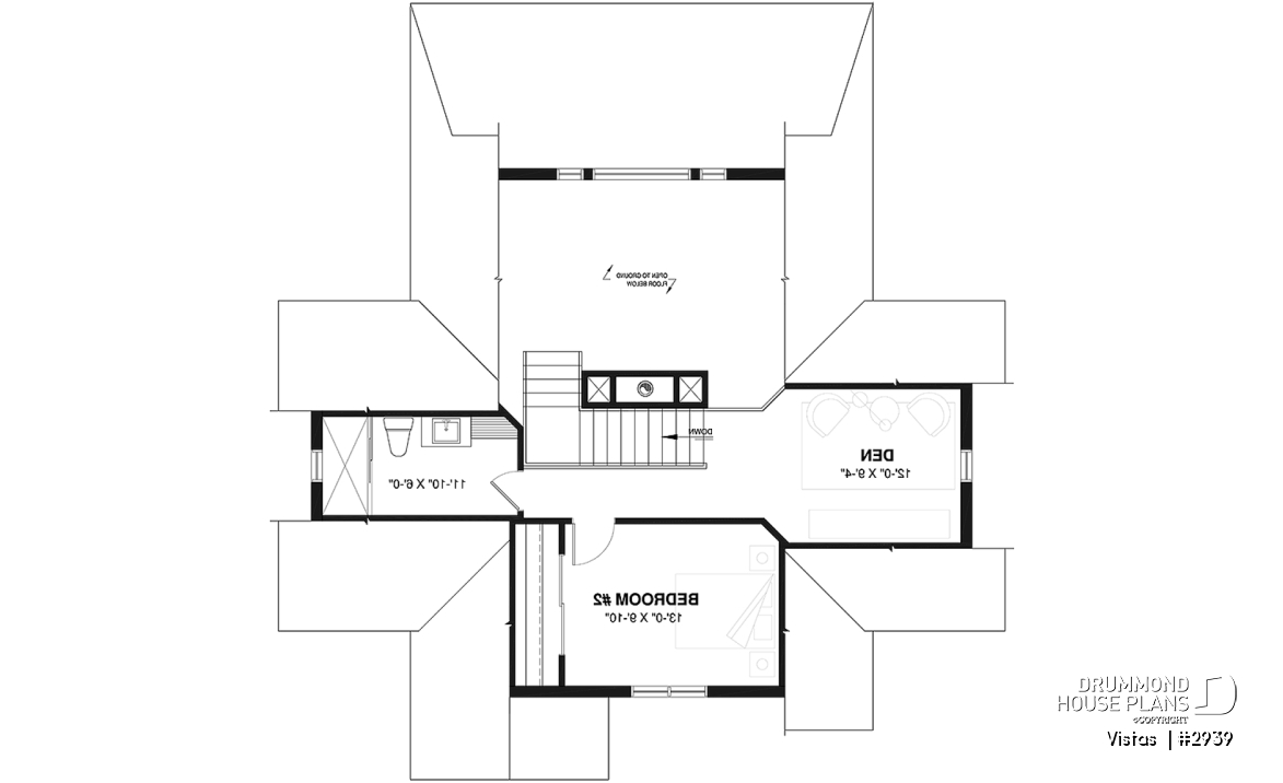 2nd level - Very Charming Cottage house plan, large covered deck, open floor plan concept, mezzanine - Vistas 