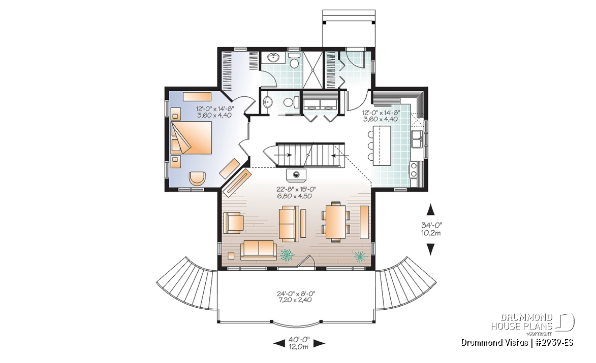 1st level - Walkout basement house plan, country cottage, master suite on main floor, mezzanine and large covered deck - Drummond Vistas